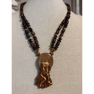 Vintage Carved Wood Tribal Pendant Necklace 20” Boho